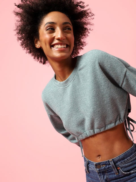 

Campus Sutra Women Sea Green Crop Sweatshirt