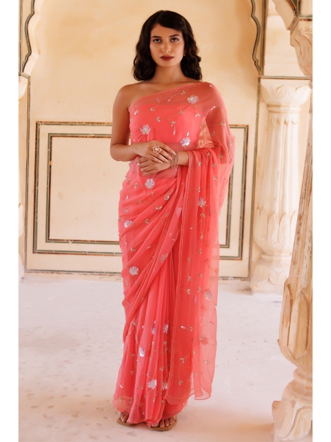 

Geroo Jaipur Rose & White Floral Embroidered Aari Work Pure Chiffon Saree