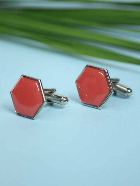 

Tossido Coral & Silver-Toned Geometric Cufflink