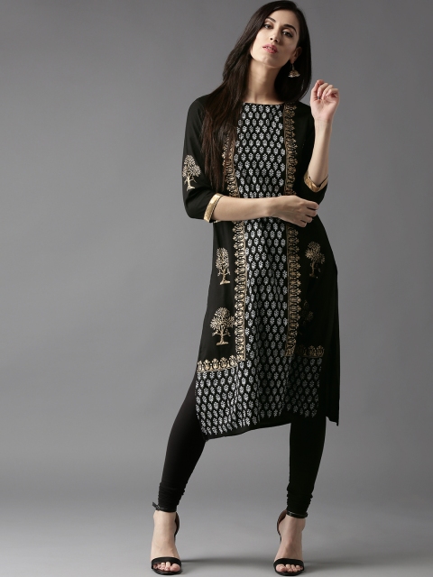 

HERE&NOW Women Black Block Printed Straight Kurta