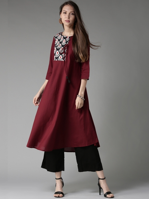 

HERE&NOW Women Maroon Printed A-Line Kurta