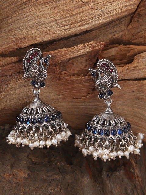 

ahilya Silver-Toned & Blue Silver Plated Contemporary Jhumkas Earrings