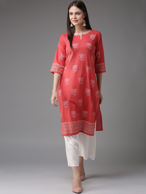 

HERE&NOW Women Coral Red & White Block Printed Straight Kurta