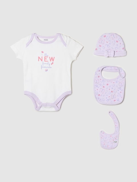 

max Girls Pack of 4 White & Lavender Printed Pure Cotton Romper Gift Set