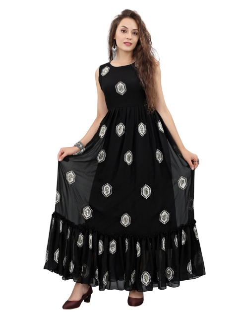

APNISHA Black Embroidered Georgette Ethnic A-Line Semi-Stitched Maxi Dress