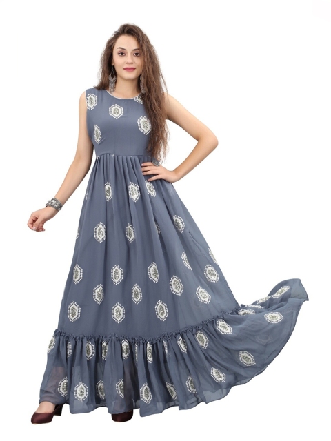 

APNISHA Grey Embroidered Georgette Ethnic Maxi Dress