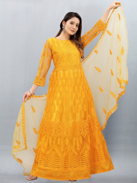 

APNISHA Yellow Embellished Net Ethnic Maxi Maxi Dress