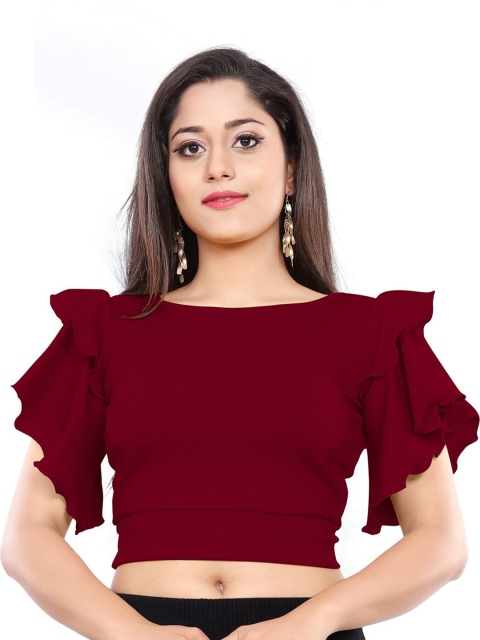 

LONDON BELLY Women Maroon Solid Boat Neck Blouson Crop Top