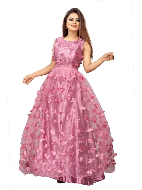 

APNISHA Pink Floral Net Maxi Dress