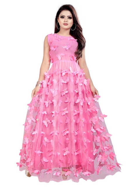 

APNISHA Pink Floral Embroidered Net Maxi Maxi Dress