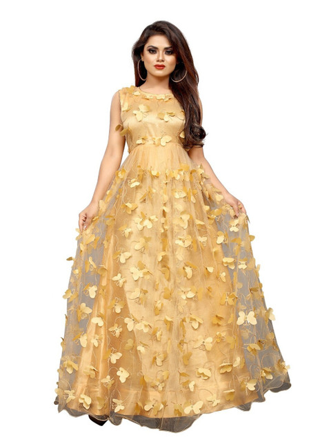 

APNISHA Beige Floral Embroidered Net Semi-Stitched Maxi Dress