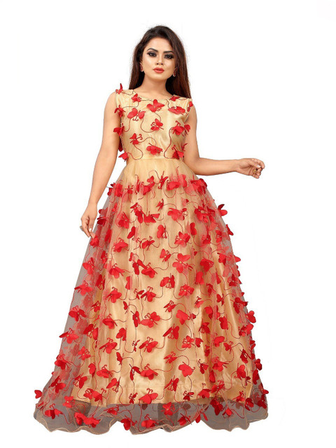 

APNISHA Beige & Red Floral Net Maxi Maxi Dress