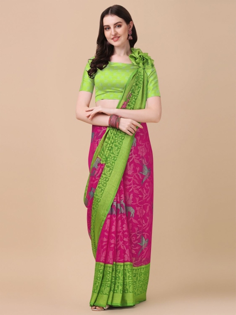 

KALINI Pink & Green Floral Zari Saree