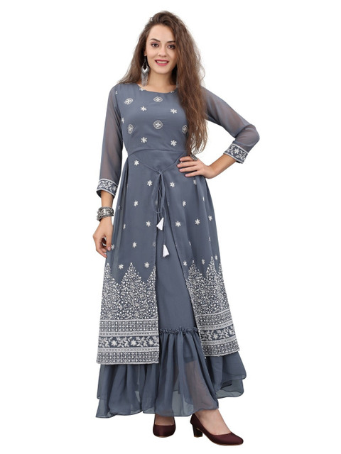 

APNISHA Women Grey & White Embroidered Semi-Stitched Gown Material