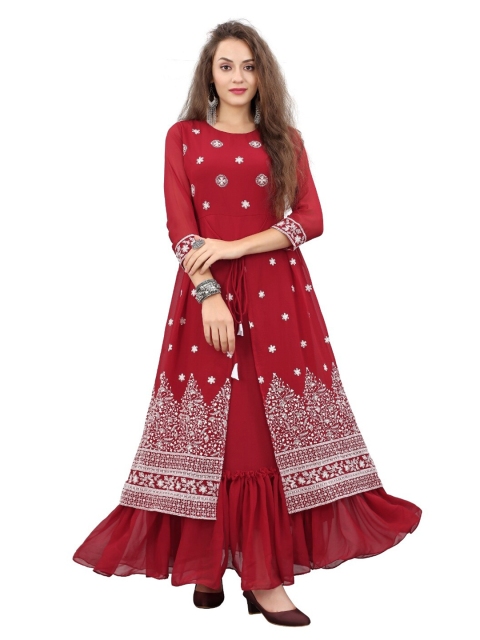 

APNISHA Red & White Floral Embroidered Georgette Ethnic Maxi Semi-Stitched Dress
