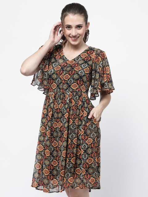 

TERQUOIS Black & Red Ethnic Motifs Georgette Dress