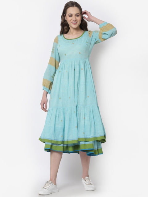 

TERQUOIS Women Blue A-Line Cotton Midi Dress