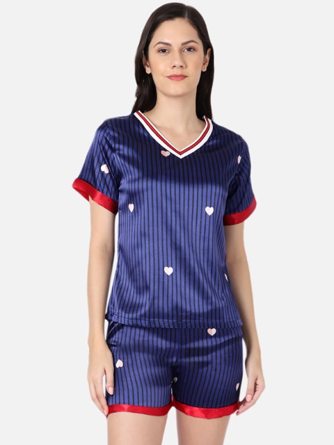 

GRACIT Women Navy Blue & White Striped Night suit