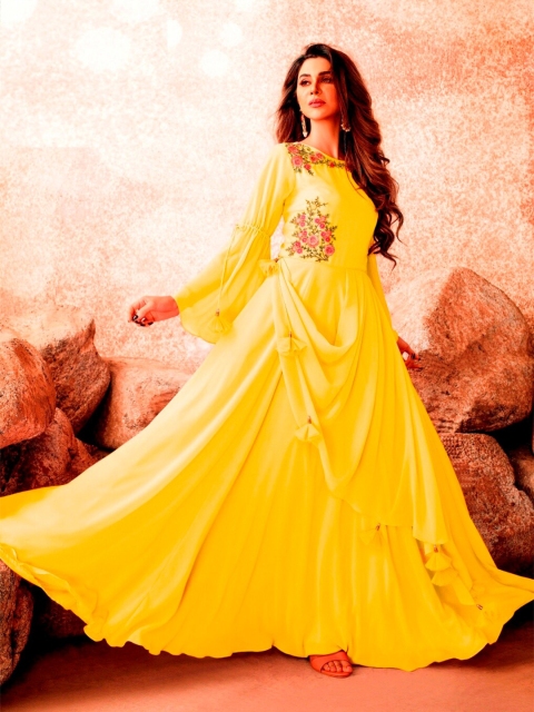 

APNISHA Yellow Embroidered Georgette Ethnic Maxi Dress