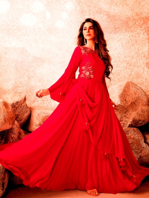 

APNISHA Maroon Floral Embroidered Layered Georgette Maxi Dress