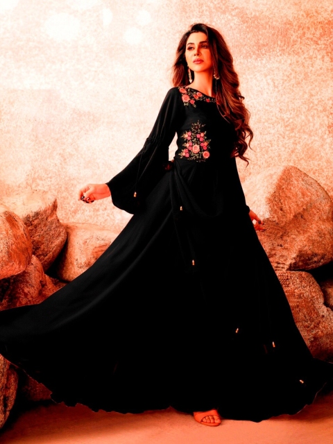 

APNISHA Black Floral Embroidered Georgette Ethnic Maxi Dress