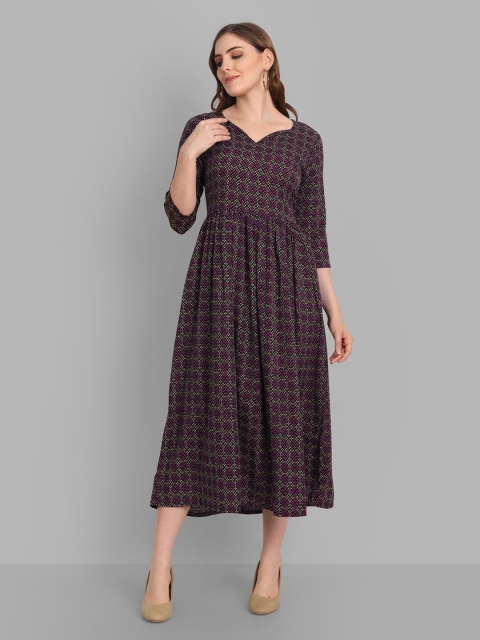 

SINGNI Beige & Purple Crepe A-Line Midi Dress