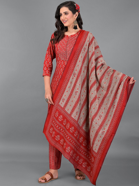 

EtnicaWear Women Red Ethnic Motifs Printed Pure Cotton Kurta with Trousers & Dupatta