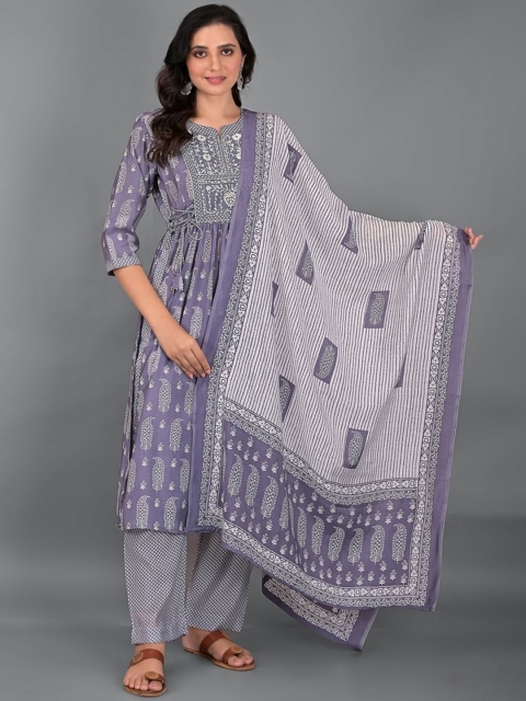 

EtnicaWear Women Purple Ethnic Motifs Printed Pure Cotton Kurta with Trousers & Dupatta