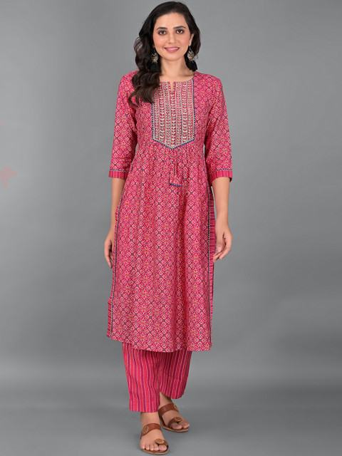 

EtnicaWear Women Pink Floral Printed Gotta Patti Pure Cotton Kurta with Trousers & Dupatta