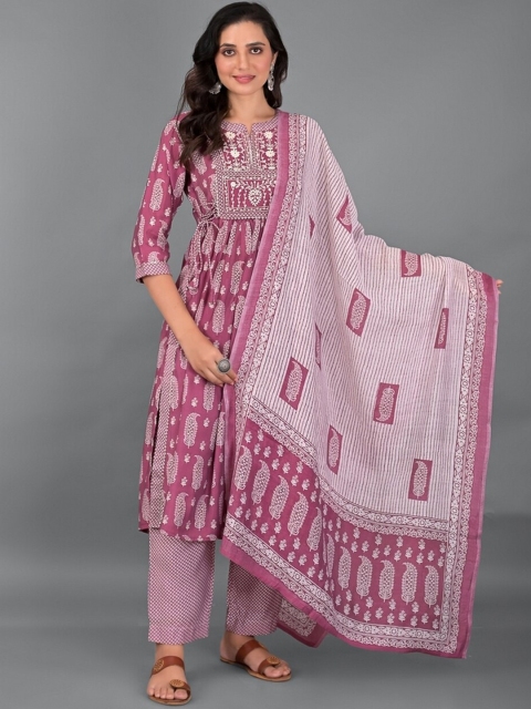 

EtnicaWear Women Pink Floral Printed Gotta Patti Pure Cotton Kurta with Trousers & Dupatta