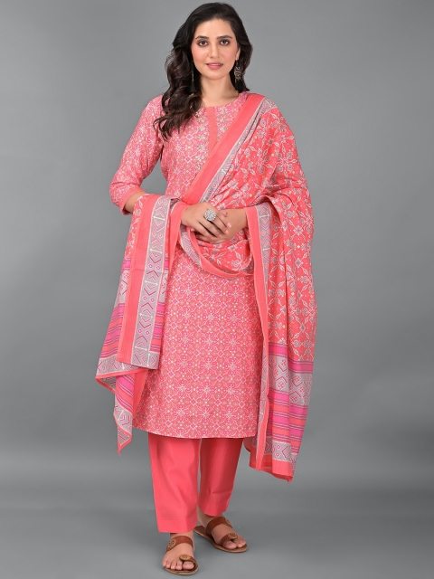 

EtnicaWear Women Pink Ethnic Motifs Printed Pure Cotton Kurta with Trousers & With Dupatta