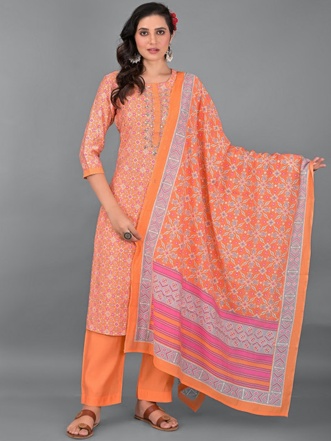 

EtnicaWear Women Orange Floral Embroidered Pure Cotton Kurta with Trousers & With Dupatta