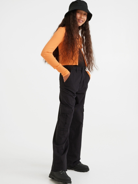 

H&M Women Wide Cotton Cargo Trousers, Black