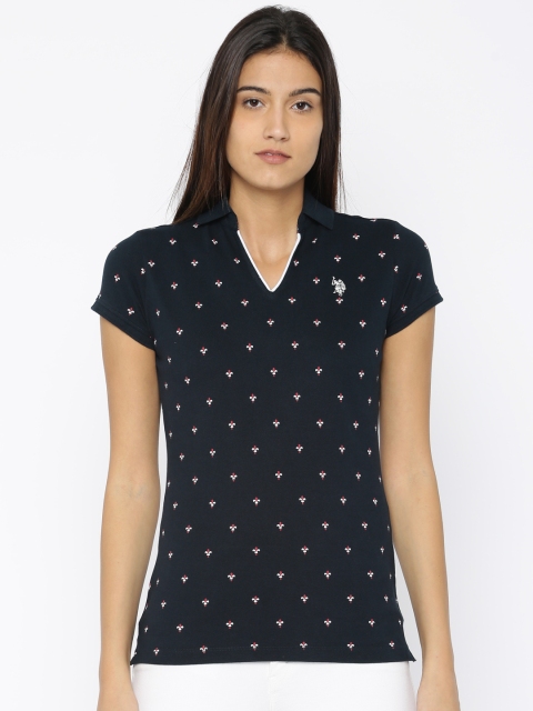

U.S. Polo Assn. Women Navy Blue Printed Polo Collar T-shirt