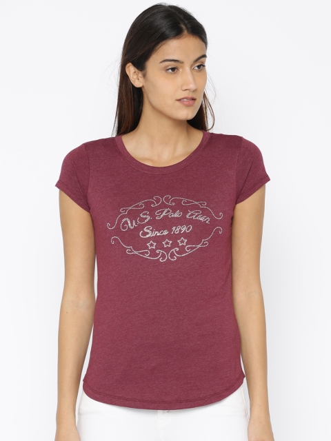

U.S. Polo Assn. Women Women Burgundy Self Design Round Neck T-shirt