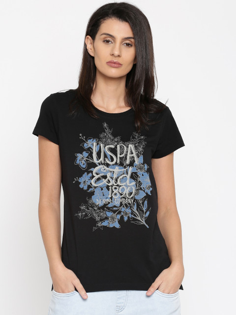 

U.S. Polo Assn. Women Women Black Printed Round Neck T-shirt