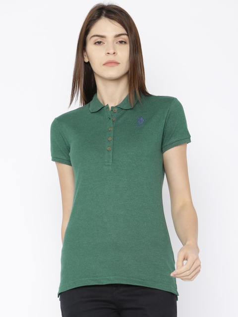 

U.S. Polo Assn. Women Green Solid Polo Collar T-shirt