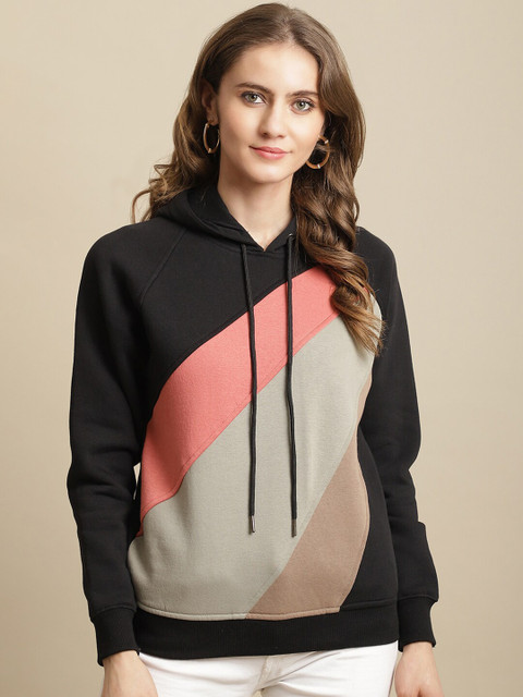 

ANTI CULTURE Women Black & Pink Colourblocked Hooded Sweatshirt