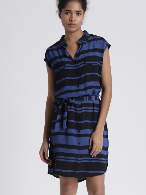 

Chemistry Women Blue & Black Striped Shirt Dress