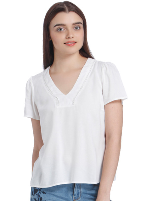 

Vero Moda Women Off-White Solid Top with Crochet Inserts