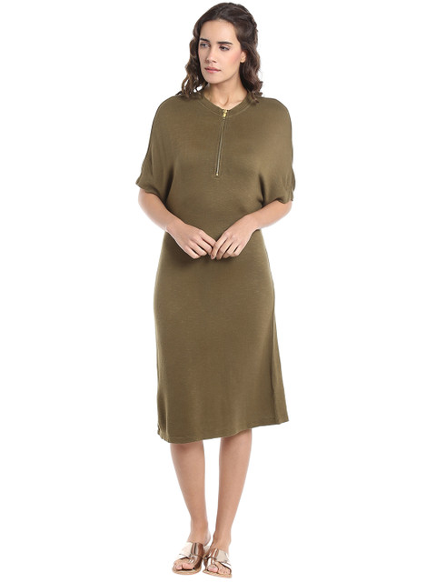 

Vero Moda Women Olive Green Solid Midi A-Line Dress