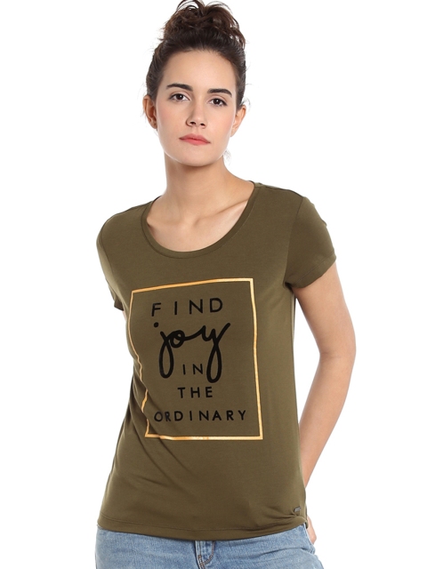 

Vero Moda Women Olive Green Printed Round Neck T-shirt