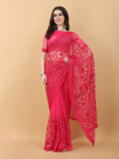 

kasee Rose & Green Floral Embroidered Net Saree
