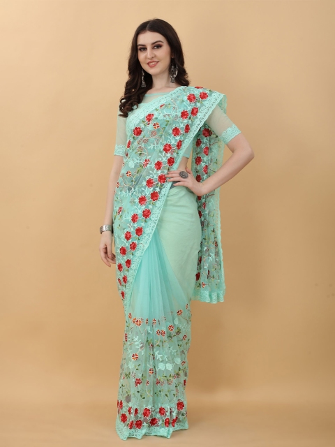

kasee Blue & Red Floral Embroidered Net Heavy Work Saree