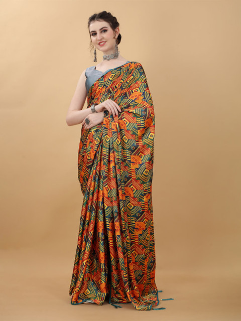 

kasee Blue & Orange Bandhani Satin Saree
