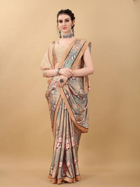 

kasee Grey & Orange Floral Satin Saree