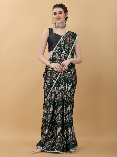 

kasee Black & Red Floral Satin Saree
