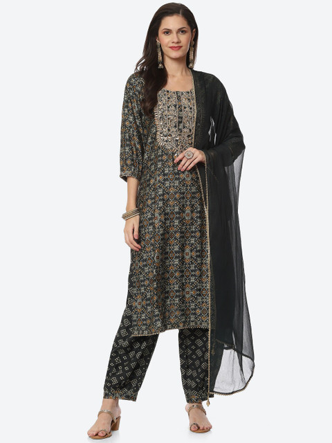 

Biba Women Olive Green & Brown Embroidered Art Silk Unstitched Dress Material