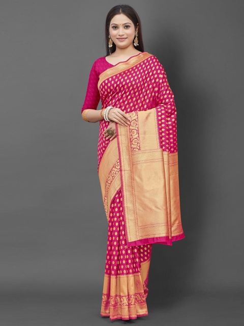 

Mitera Pink & Gold-Toned Woven Design Zari Silk Blend Banarasi Saree