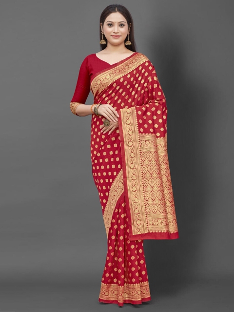 

Mitera Red & Gold-Toned Woven Design Zari Silk Blend Banarasi Saree